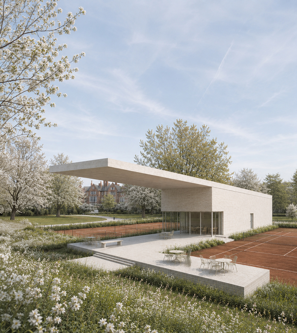 Architectural render of a pale brick tennis pavilion and café with a long cantilevered flat roof projecting over a paved terrace, full-height glazing, café tables and chairs, clay courts on both sides, mature trees and cherry blossom, with a Victorian building beyond. RISE Design Studio.
