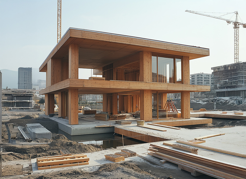 Timber-frame building under construction, designed by RISE Design Studio, featuring sustainable materials, large glass windows, and a modern architectural style.